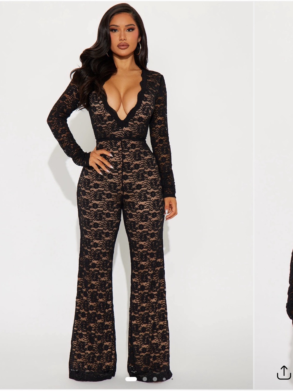 Fashion Nova Black Lace Plunge Long-Sleeve Jumpsuit with Nude Lining
